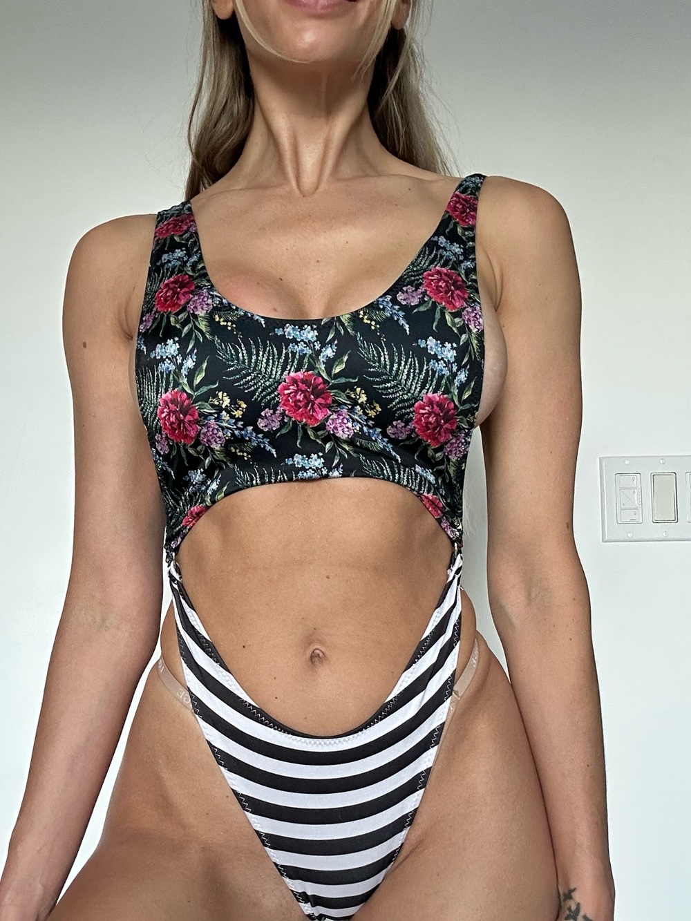 Floral & Striped Cutout One-Piece Swimsuit - Black Floral/Black-White Stripe